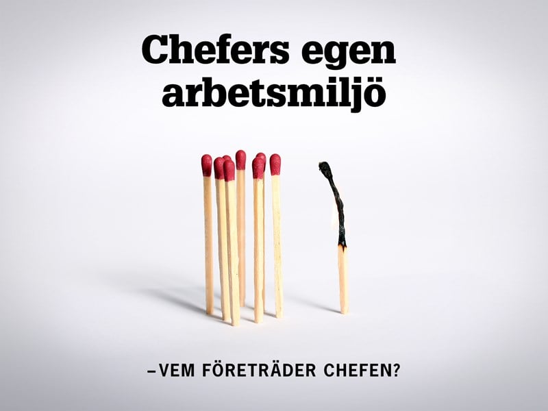 Tändstickor varav en är bränd. Text: Chefers egen arbetsmiljö – vem företräder chefen?